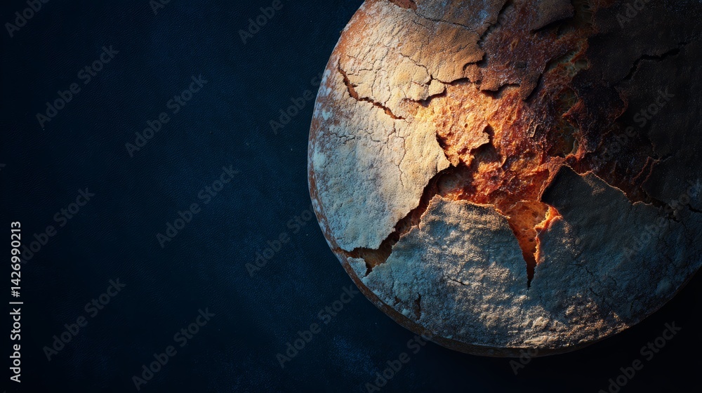 Poster close-up view of artisanal bread crust highlighting deep rustic cracks and golden-brown textures, be