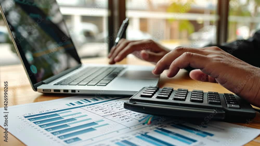 Poster businessman analyzing investment charts and using a calculator while working on a laptop at a modern