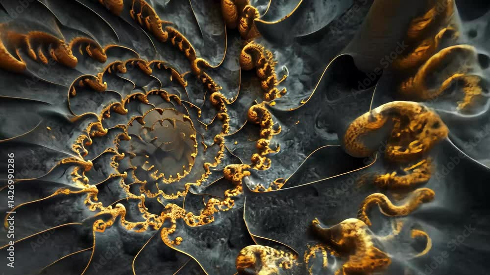 Poster fractal patterns unfolding in intricate spirals with golden details, creating an endless visual jour