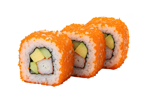 Three sushi rolls with avocado and orange roe back