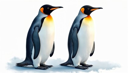 Fototapeta premium Watercolor illustration of two emperor penguins against pure white background. Digital art, ideal for print, poster, design. Unique, trending look for kids, winter themes. Perfect for print, poster,