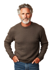 Mature Man in Brown Sweater on White Background