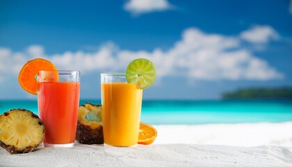 Obraz premium two tropical fresh juices on white sandy beach