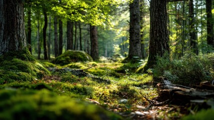 Sunlight filtering through verdant forest canopy, casting golden rays on moss covered ground, evoking peaceful woodland ambiance