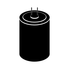 Monochrome illustration of an electrolytic capacitor with leads isolated on white