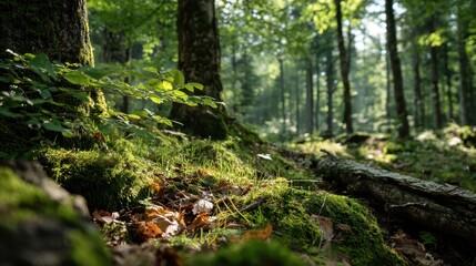 Obraz premium Sunlight streaming through dense forest canopy, highlighting verdant moss covered ground with scattered fallen leaves, embodying woodland serenity and natural tranquility