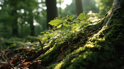 Soft sunlight filtering through leafy branches, illuminating verdant foliage and moss covered ground scattered with fallen leaves in peaceful woodland landscape