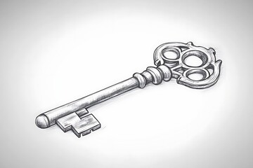 Ornate key drawing in grayscale.