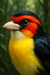 A stunning, hyper-realistic close-up portrait of an exotic bird captured in vivid detail. This digital artwork showcases the bird&rsquo;s intricate feather texture, vibrant coloration, and intense eye focus