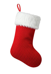 A red ribbed Christmas stocking with a white faux fur cuff and red loop hanger, isolated on a transparent background.