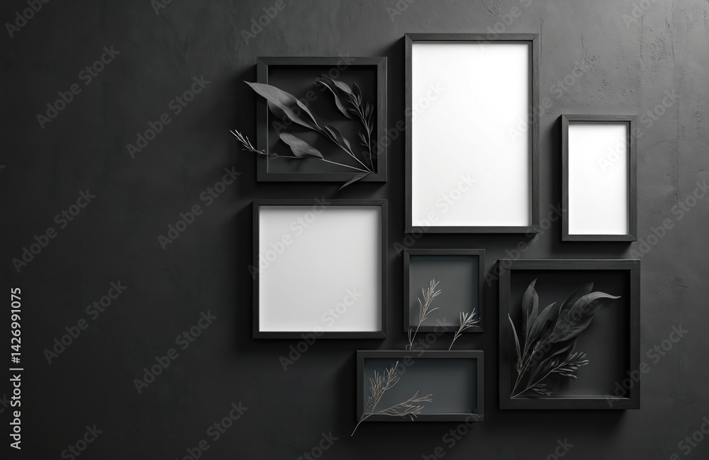 Poster black frames of different sizes with blank white space on black wall. interior design with blank pic