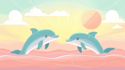 Fototapeta premium The illustration showcases two adorable dolphins against a picturesque sea background.