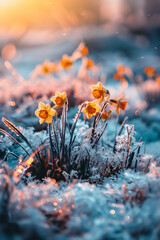Macro photography of yellow daffodils blooming in fresh snow, soft sunlight casting warm tones on the frozen ground.