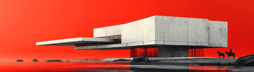 Obraz premium A modern concrete building with a unique design. The building is situated on stilts and features a large overhang. The background is a vibrant red color, contrasting the white building 