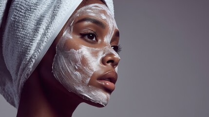 Relaxed female wearing towel headwrap, spreading facial cream mask, enjoying skincare routine for radiant, nourished complexion in home spa setting