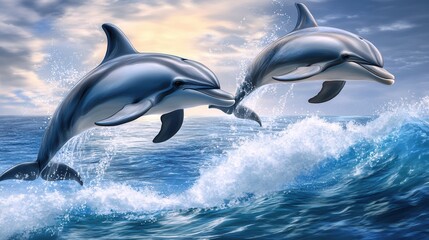 Fototapeta premium The illustration shows two cute dolphins joyfully jumping out of the sea, creating a lively and playful scene.