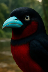 A stunning, hyper-realistic close-up portrait of an exotic bird captured in vivid detail. This digital artwork showcases the bird&rsquo;s intricate feather texture, vibrant coloration, and intense eye focus