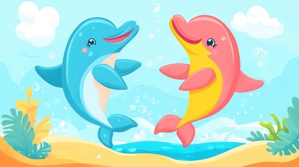 Obraz premium The illustration shows two cute dolphins joyfully jumping out of the sea, creating a lively and playful scene.