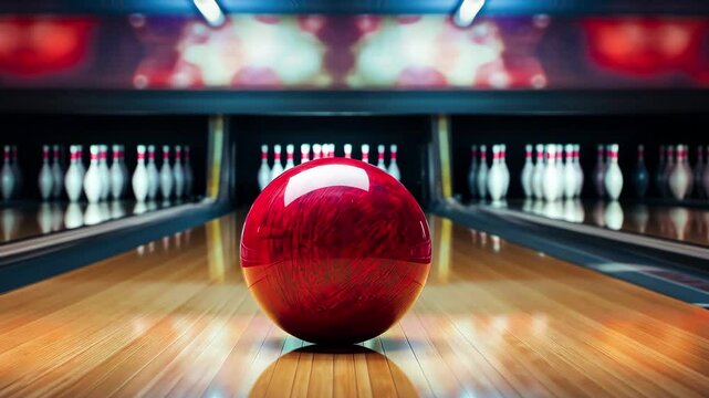 The moment a bowler releases a shiny red ball towards the pins in a well-lit bowling alley, capturing the excitement of the game during an intense evening match