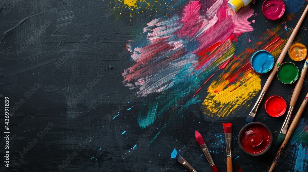 Aufkleber A vibrant abstract canvas comes to life with bold strokes of color on the right side, surrounded by scattered paint tubes and brushes on a cluttered table