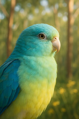 A stunning, hyper-realistic close-up portrait of an exotic bird captured in vivid detail. This digital artwork showcases the bird&rsquo;s intricate feather texture, vibrant coloration, and intense eye focus