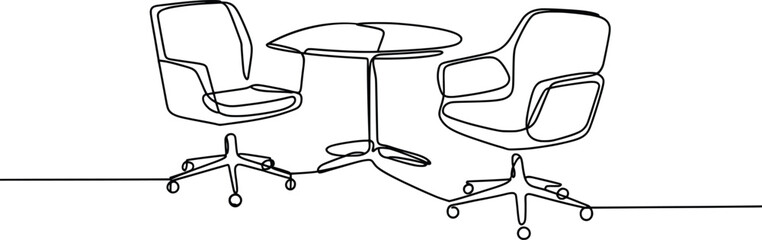 Office Chair and Round Table Line Art, Minimalist Workspace Illustration