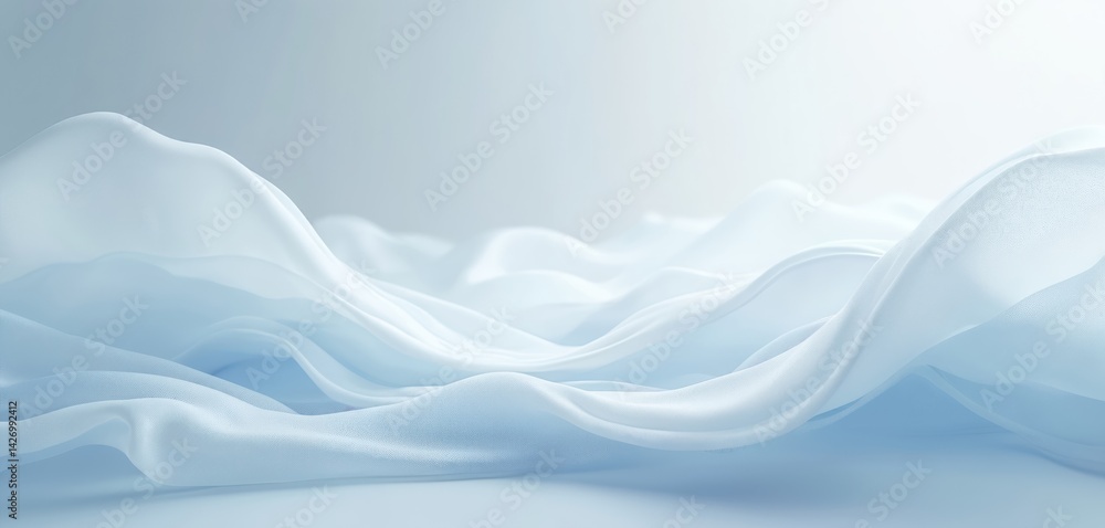 Poster Abstract minimalist white, blue illustration. Generative AI art presents smooth waves, graceful curves creating elegant background. Digital art shows simple wallpaper, futuristic design with