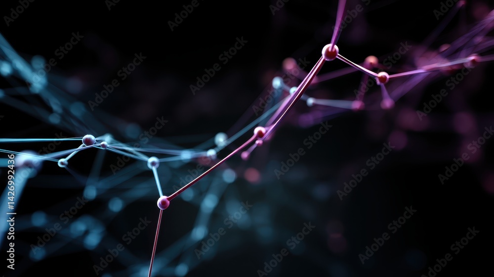 Poster glowing plexus of interconnected dots and lines forming a dynamic network against a dark background,
