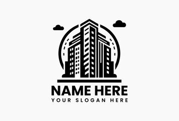 Architectural blueprint-style mansion logo with compass, classic construction emblem for boutique builders