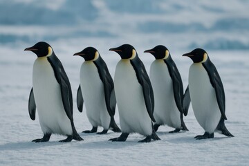 Fototapeta premium Penguins marching on icy terrain.
