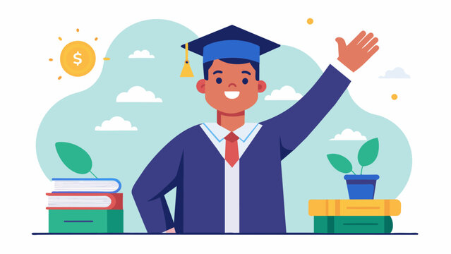 A smiling college graduate raises their hand in a financial planning seminar excited to learn about the valuable tax deduction for interest paid on. Vector illustration