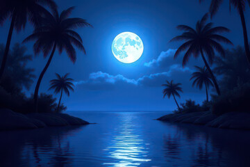Midnight Tropical Scene: Dark Blue Sky, Glowing Full Moon, Navy Water Reflections, Shadowy Palms, Serene Night Atmosphere