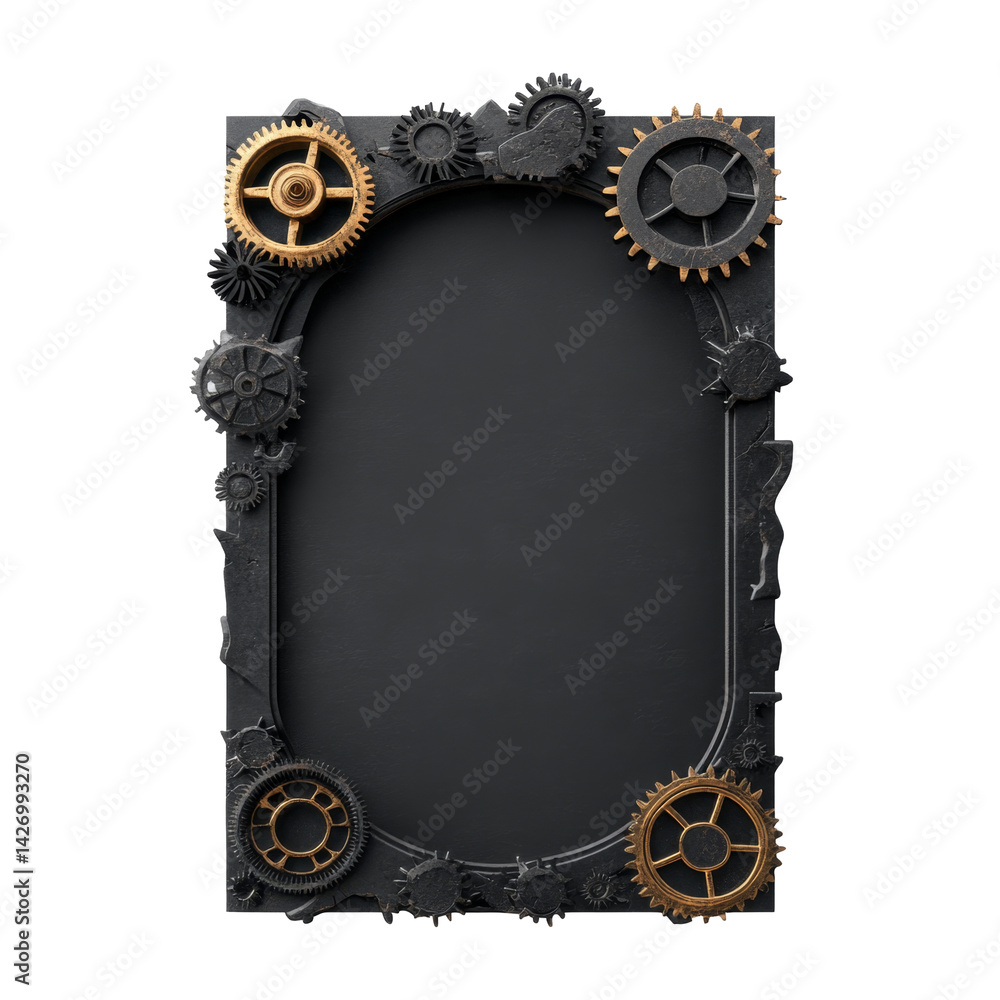 Poster steampunk style metal frame with decorative gears and intricate design elements displayed