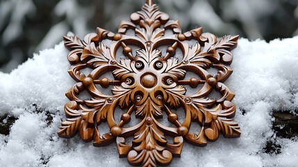 Handcrafted wooden floral snowflake design element high resolution picture