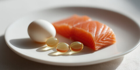 Red Fish, eggs and omega-3 supplement capsules, Vitamin D rich foods and supplements, natural sources, fish oil.