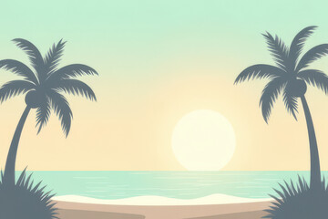 Fototapeta premium Minimalist Sunset Beach Scene: Pastel Mint & Peach Sky, Silhouetted Palm Trees, Romantic Tropical Vibe