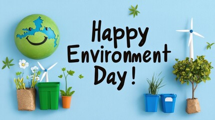 eco-friendly postcard, postcard illustration with a smiling earth, wind turbines, recycling bins, children planting trees, and bold happy environment day text