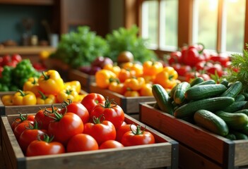 vibrant seasonal vegetables rustic wooden crates fresh organic harvest farm produce colorful arrangement, carrot, onion, tomato, cabbage, pepper, zucchini
