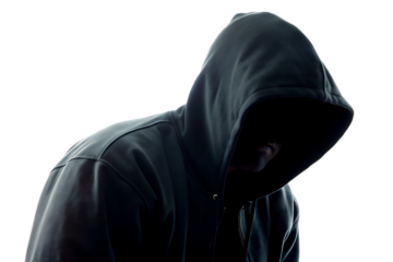 mysterious hooded man in shadow with dark hoodie isolated on white background PNG. GENERATIVE AI