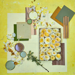 Color palette mood board in yellow tones with lemons and floral decoration