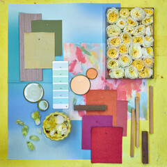 bright summer color palette mood board in blue tones with pink and yellow accents for interior...