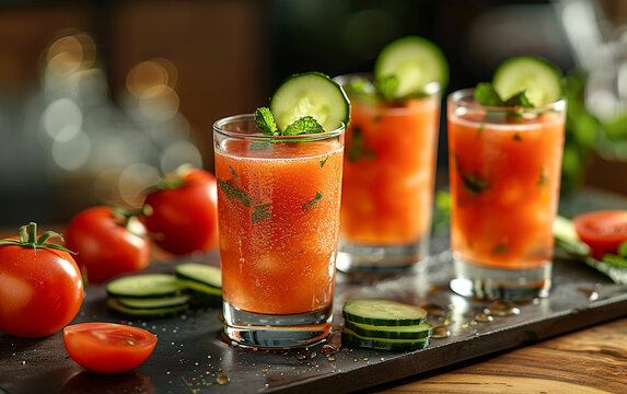 Vibrant gazpacho shooters with cucumber garnish in sleek glassware&mdash;ideal for summer appetizers, refreshing beverages, and stylish food presentation stock photography.

