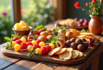 vibrant snack assortment colorful wooden table cheerful display treats variety, fruit, vegetable, cheese, crackers, nuts, desserts, appetizers