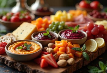 vibrant charcuterie board colorful spreads meze gourmet selection appetizer visual feast dip arrangement, platter, food, cheese, vegetables, fruits, nuts