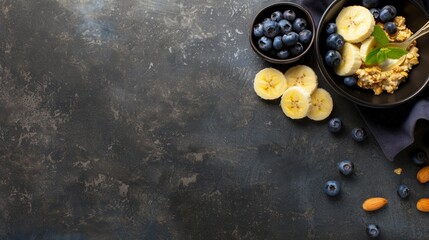Bowl of oatmeal topped with fresh banana slices and blueberries is placed on a dark background, presenting a nutritious breakfast option with ample space for text