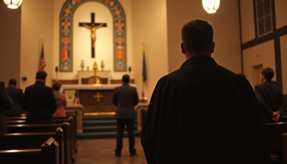 Naklejka premium Man Standing in Front of Historic Church