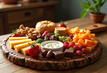 vibrant snack variety display wooden serving board arrays colorful treats platter assortment appetizing delights, fruit, cheese, vegetable, crackers, nuts