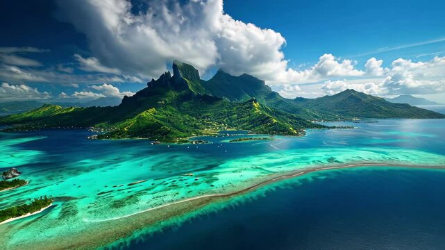 Stunning aerial view of Bora Bora Island in French Polynesia showcasing vibrant turquoise waters, lush green mountains, and picturesque sandy shores during a bright sunny day