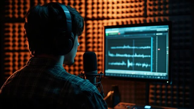 Voiceover artist working in a professional recording studio creating audio content