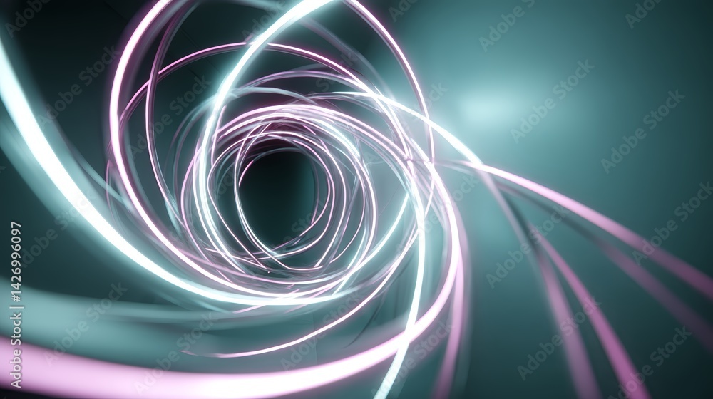 Poster high-angle view showcases vibrant teal and purple light trails twisting inward on a sleek black back